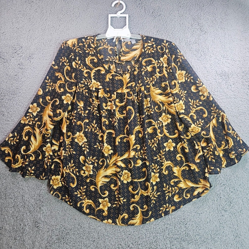 Valerie Stevens Top Blouse Womens Large Floral Print Brown Gold Black - L